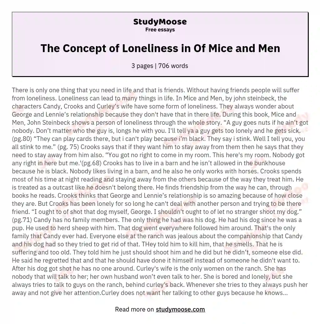 The Concept of Loneliness in Of Mice and Men essay