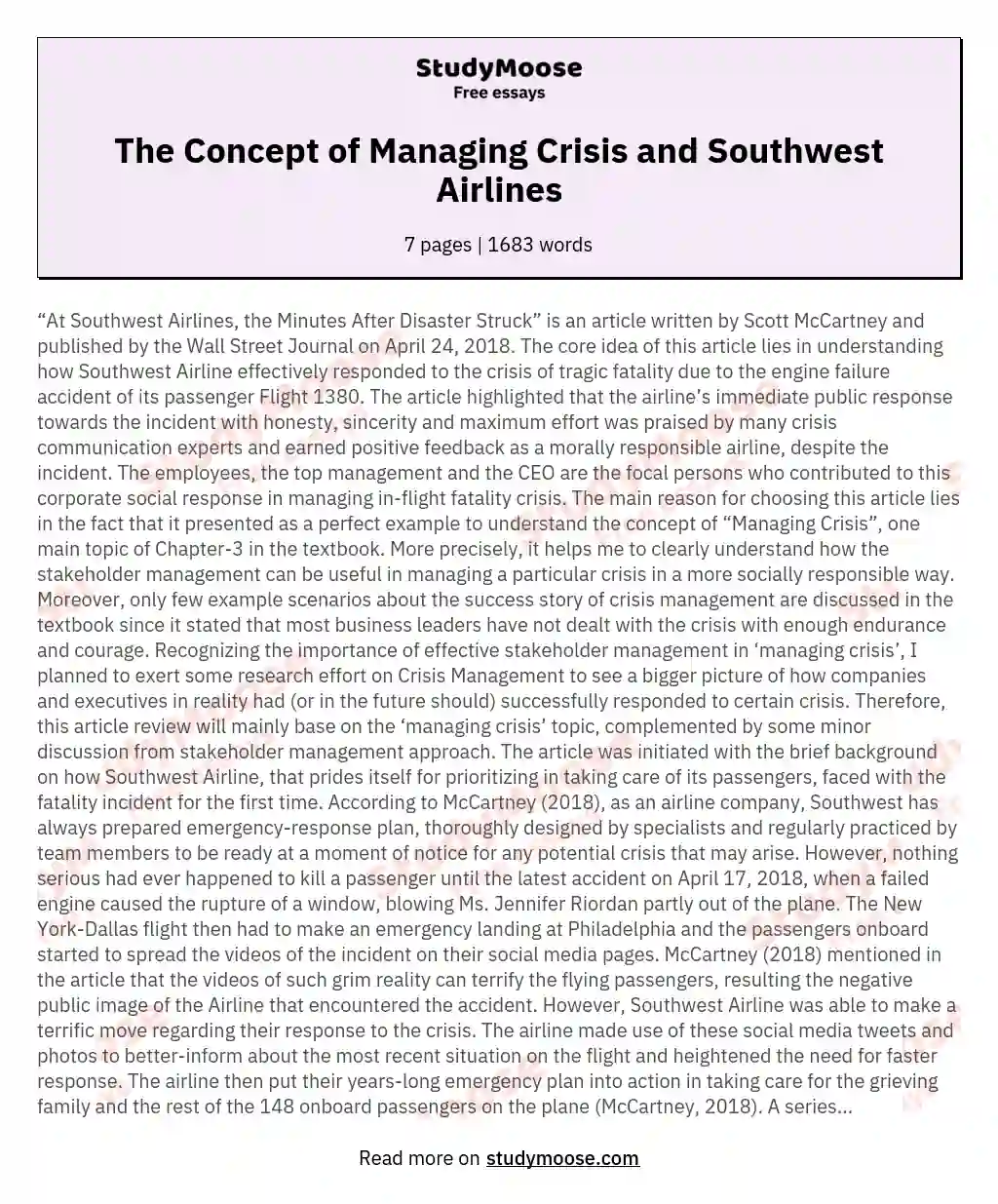 The Concept of Managing Crisis and Southwest Airlines essay