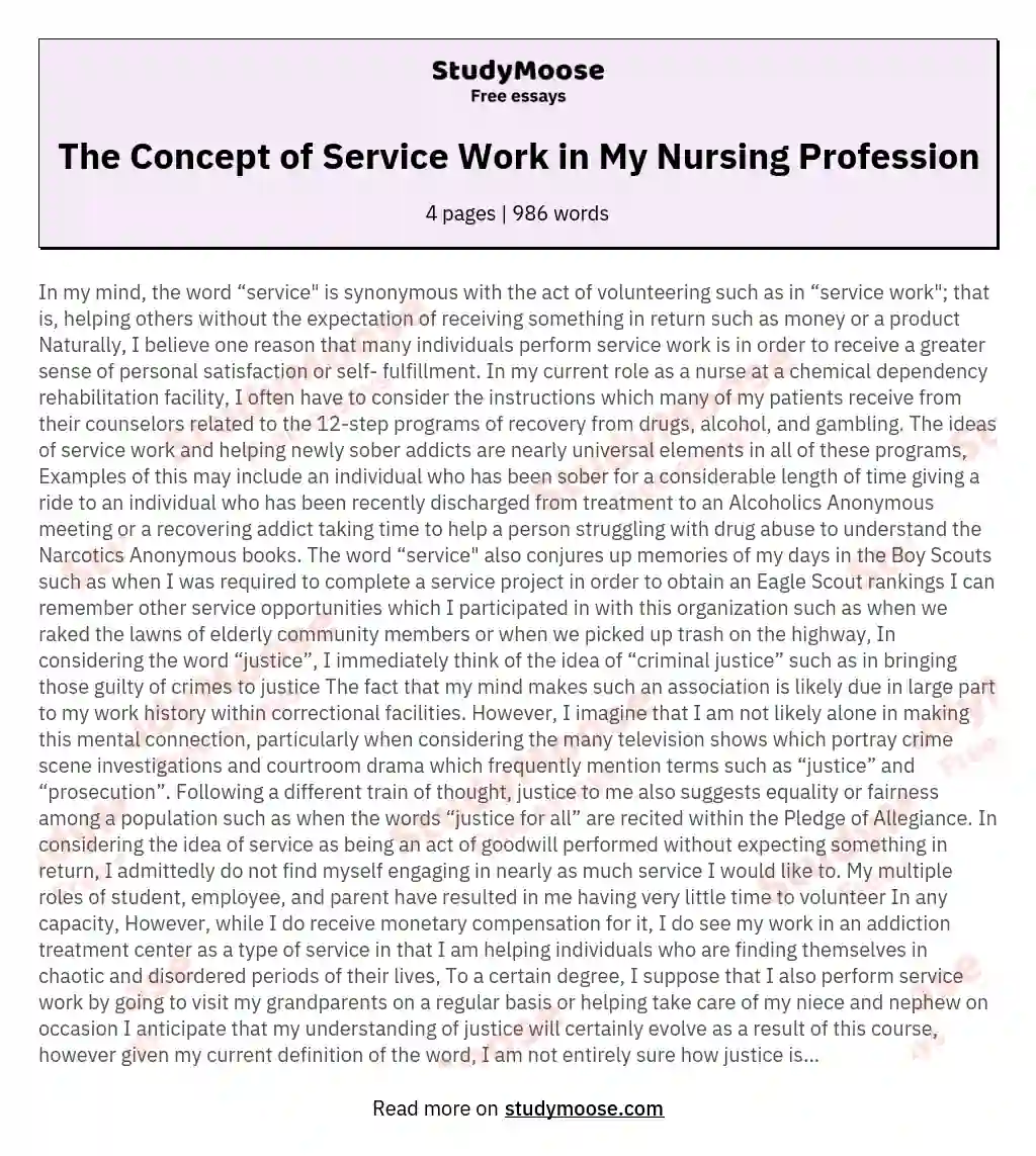 The Concept of Service Work in My Nursing Profession essay