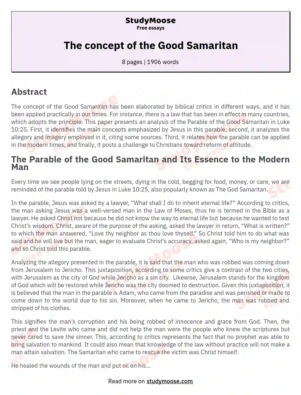 The concept of the Good Samaritan essay