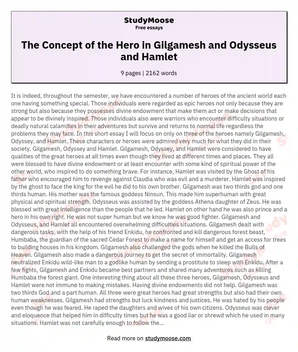 The Concept of the Hero in Gilgamesh and Odysseus and Hamlet essay