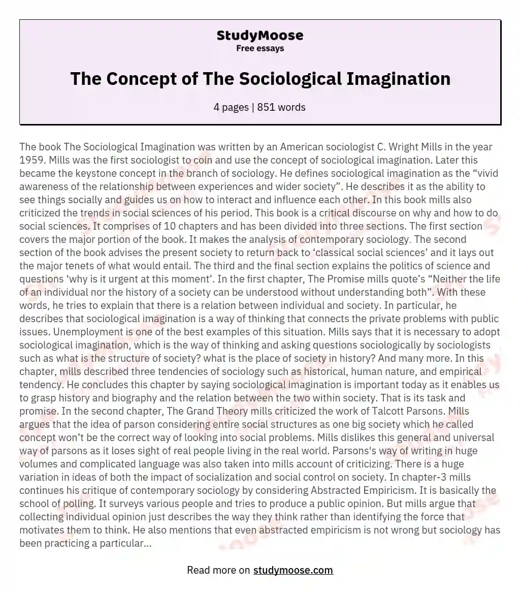 reflective essay about sociological imagination