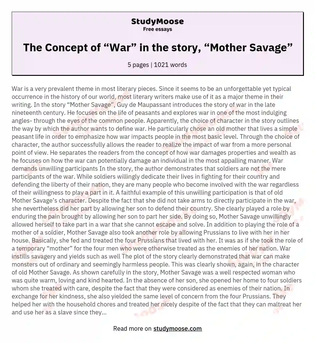 The Concept of “War” in the story, “Mother Savage” essay