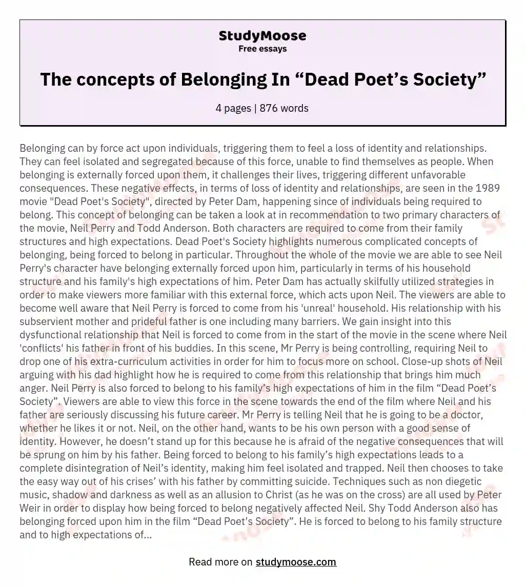 The concepts of Belonging In “Dead Poet’s Society”