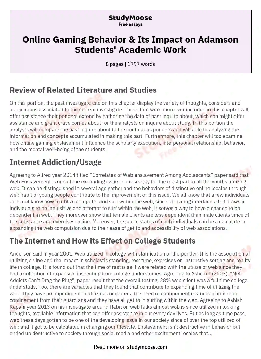 Online Gaming Behavior & Its Impact on Adamson Students' Academic Work essay