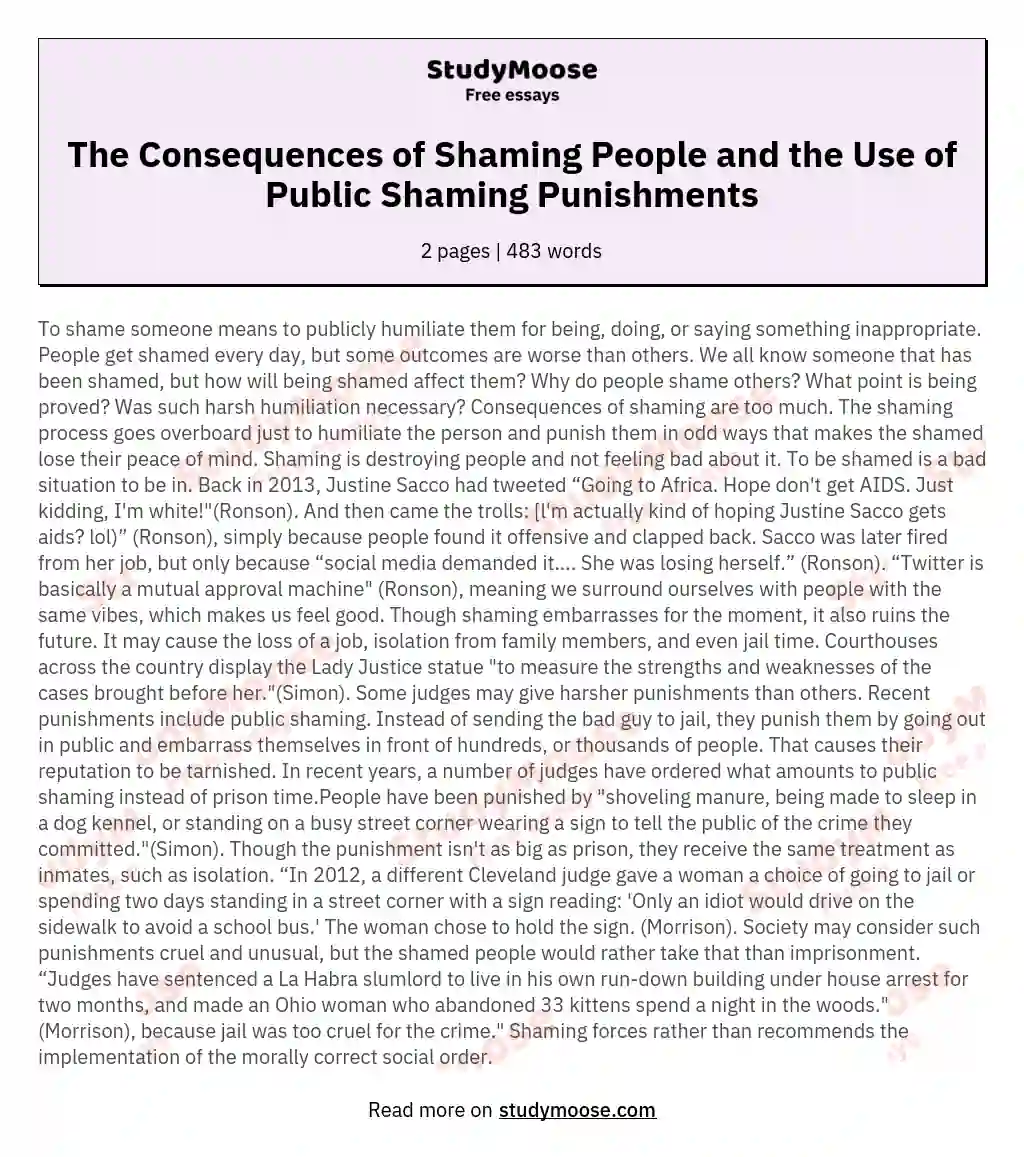 The Consequences of Shaming People and the Use of Public Shaming Punishments essay