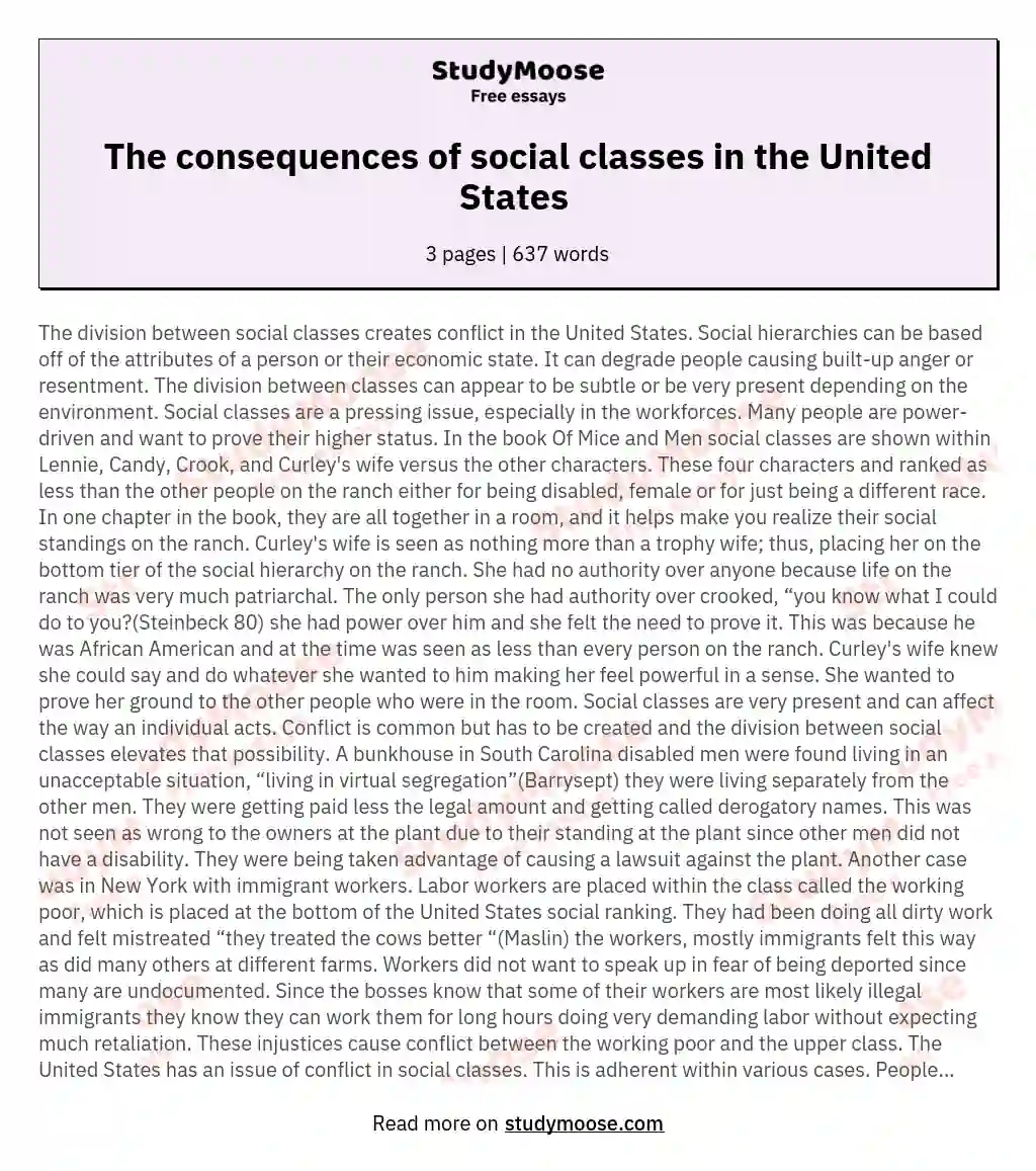The consequences of social classes in the United States  essay