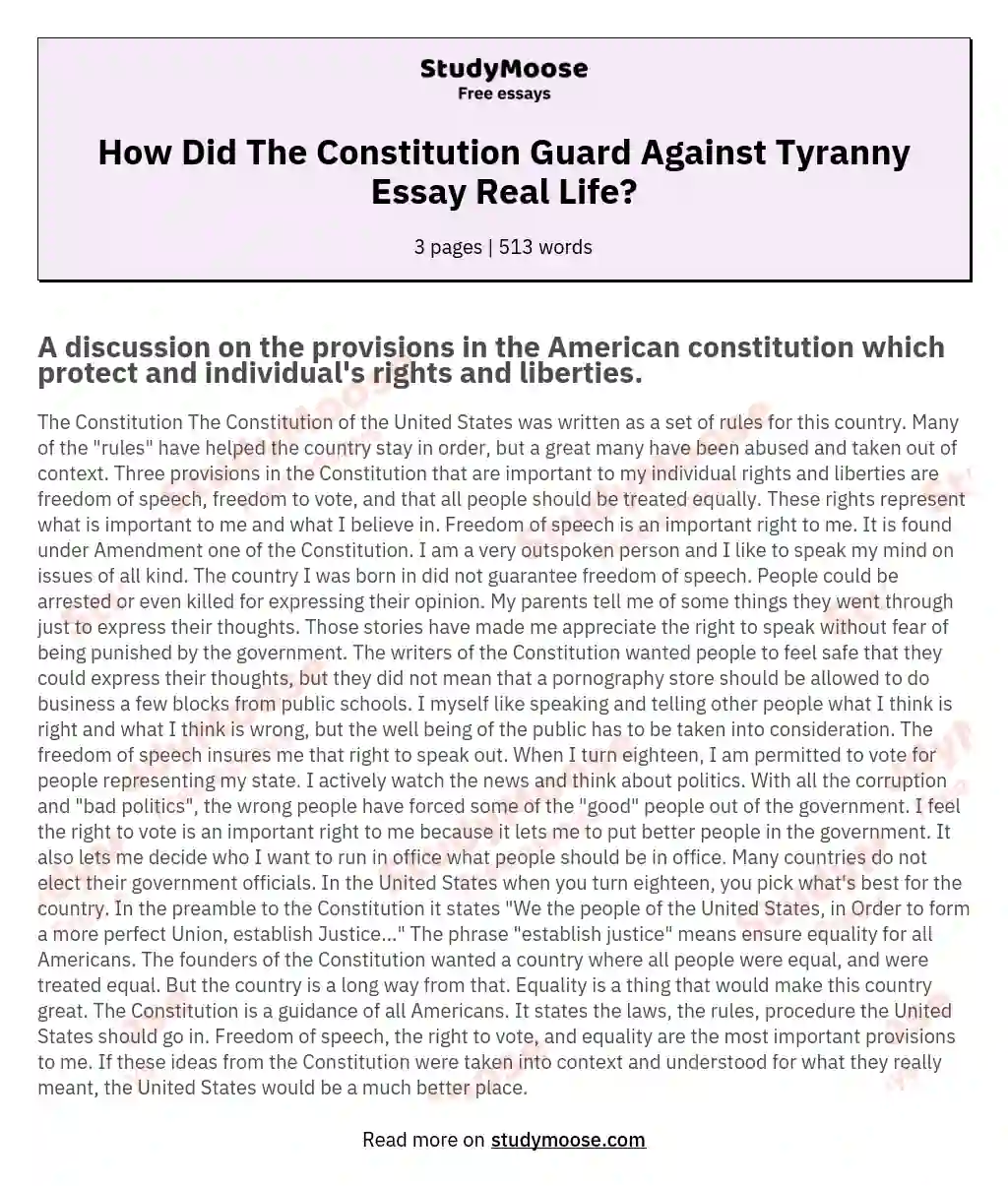 How Did The Constitution Guard Against Tyranny Essay Real Life? essay