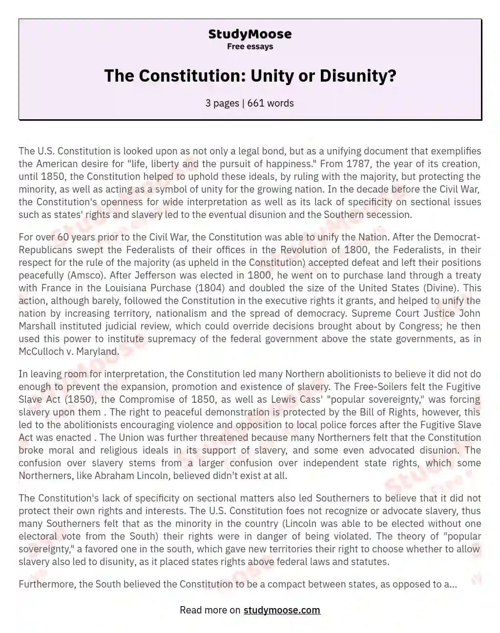 The Constitution: Unity or Disunity? essay
