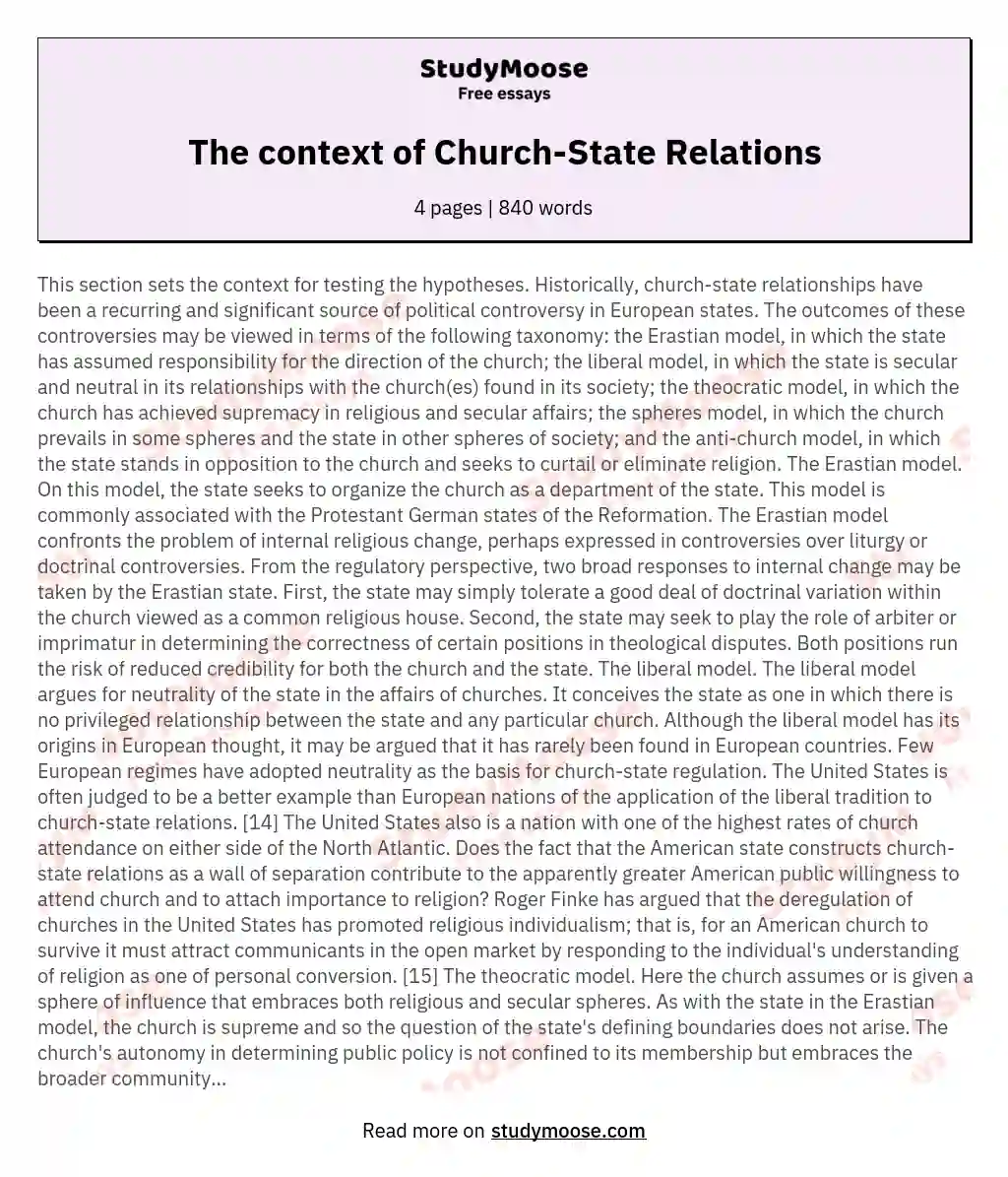 The context of Church-State Relations essay