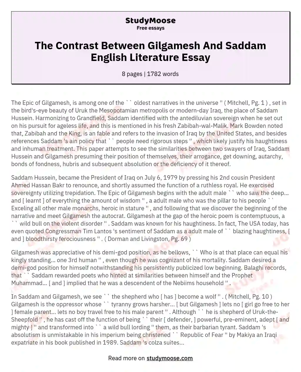 The Contrast Between Gilgamesh And Saddam English Literature Essay essay