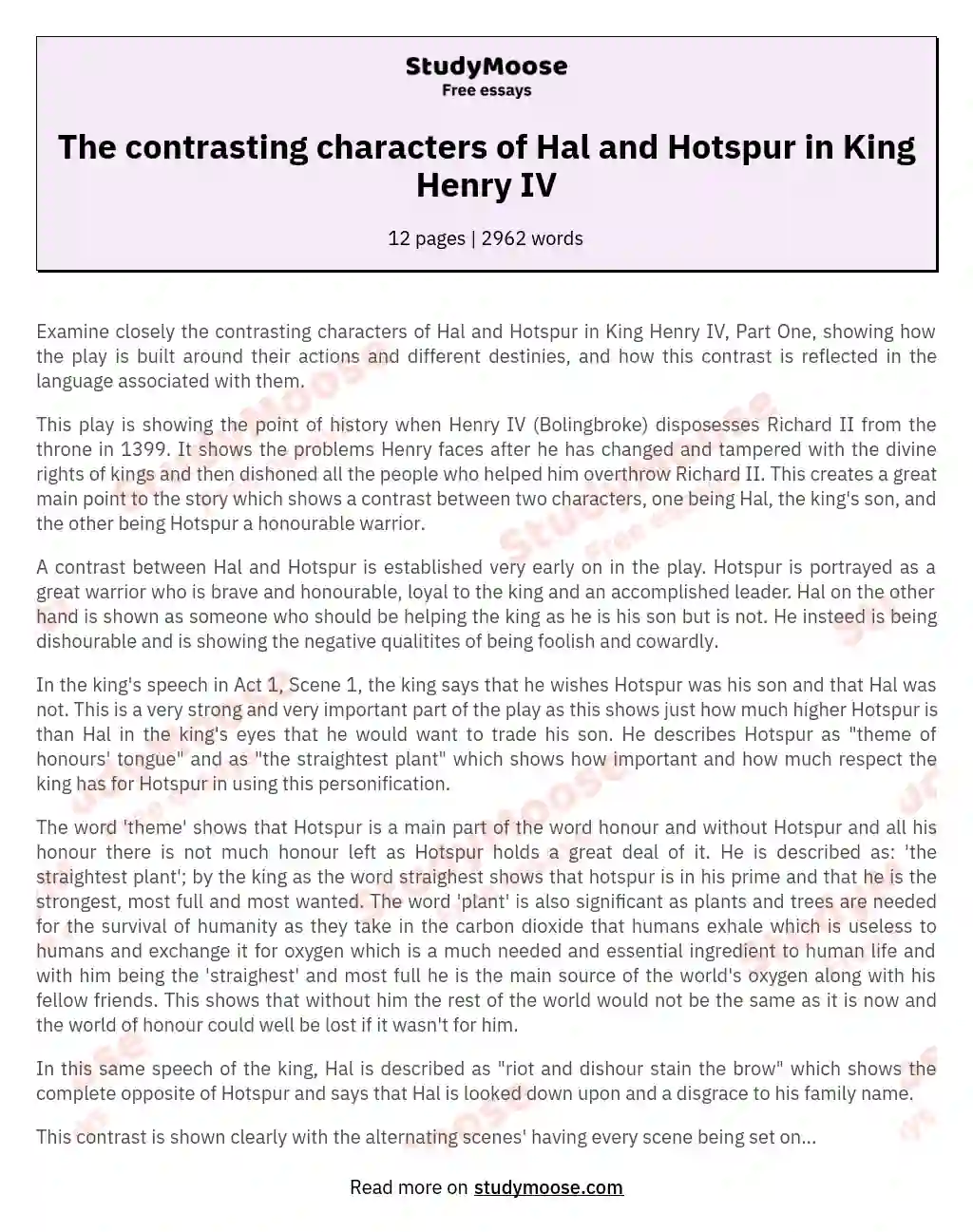 The contrasting characters of Hal and Hotspur in King Henry IV essay