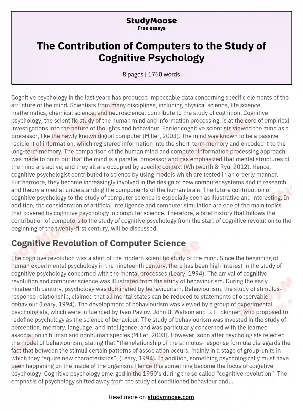 The Contribution of Computers to the Study of Cognitive Psychology