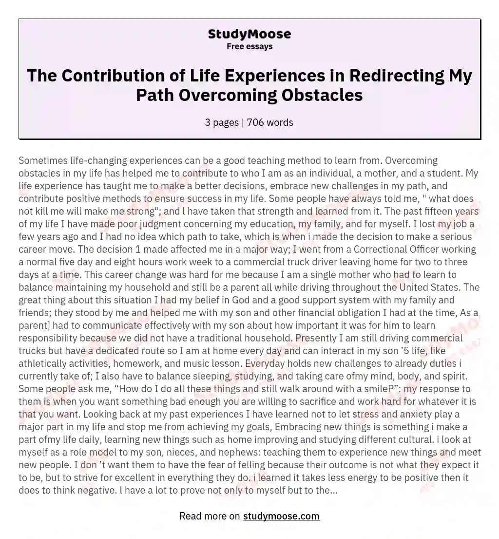 The Contribution of Life Experiences in Redirecting My Path Overcoming Obstacles essay