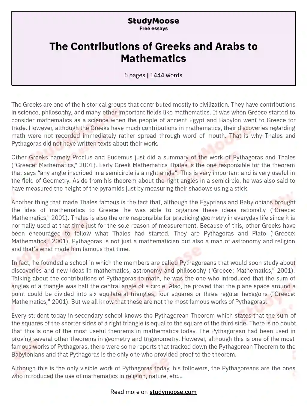 The Contributions of Greeks and Arabs to Mathematics