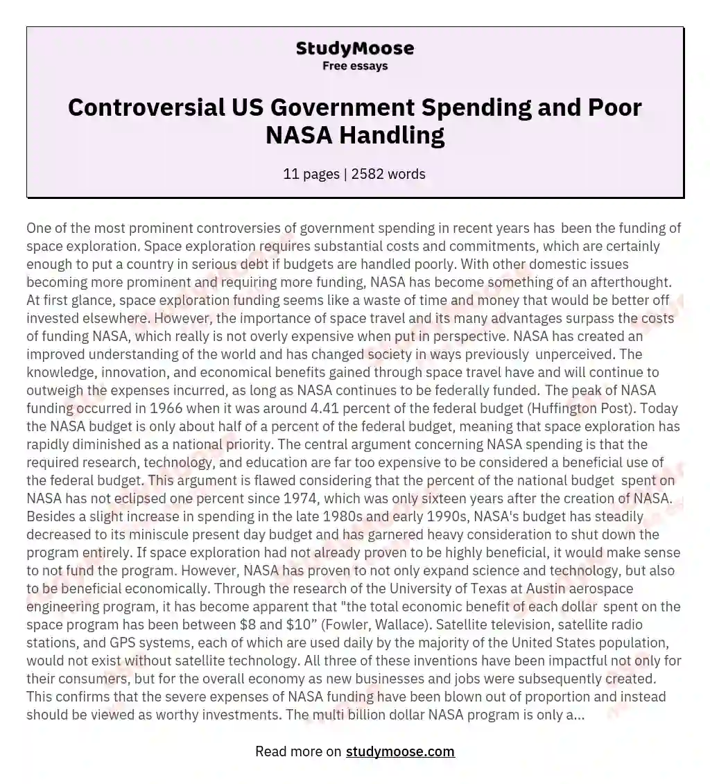 Controversial US Government Spending and Poor NASA Handling essay