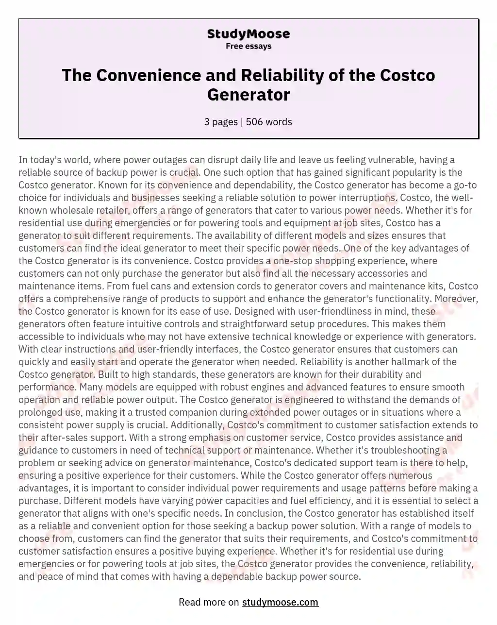 The Convenience and Reliability of the Costco Generator essay