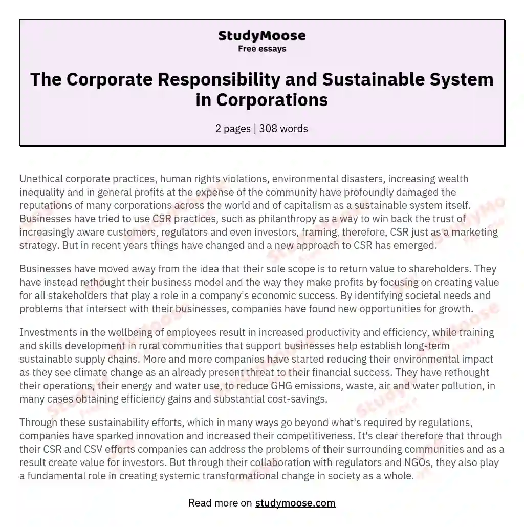 The Corporate Responsibility and Sustainable System in Corporations essay