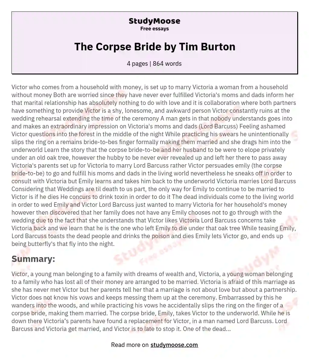 The Corpse Bride by Tim Burton essay