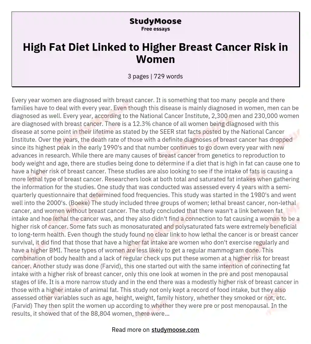 High Fat Diet Linked to Higher Breast Cancer Risk in Women essay