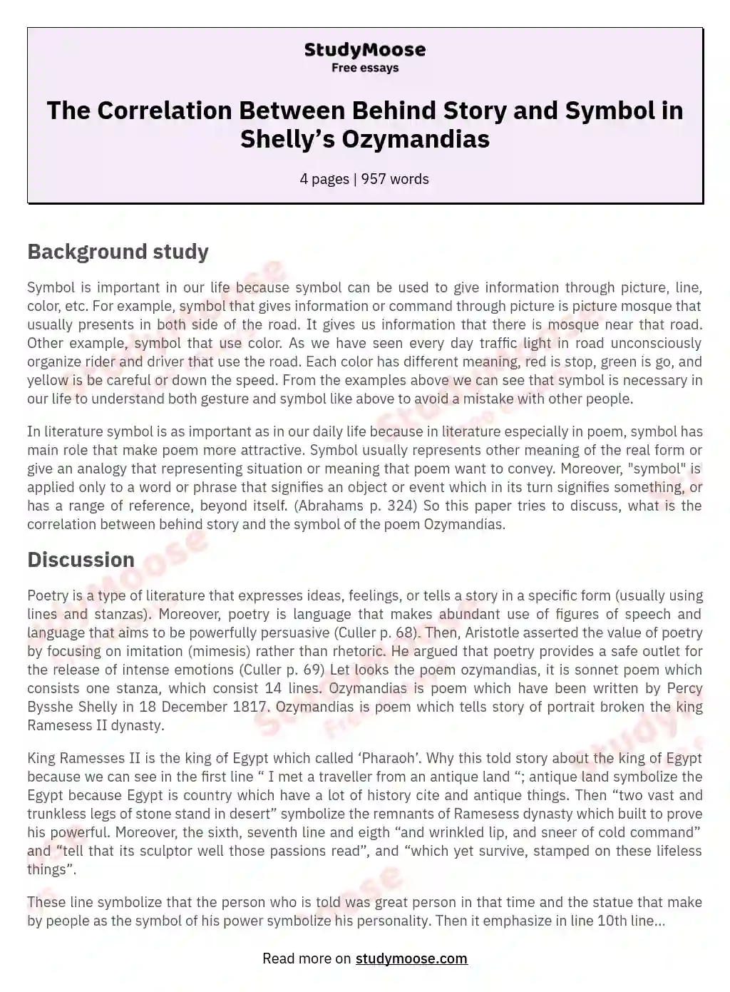 The Correlation Between Behind Story and Symbol in Shelly’s Ozymandias