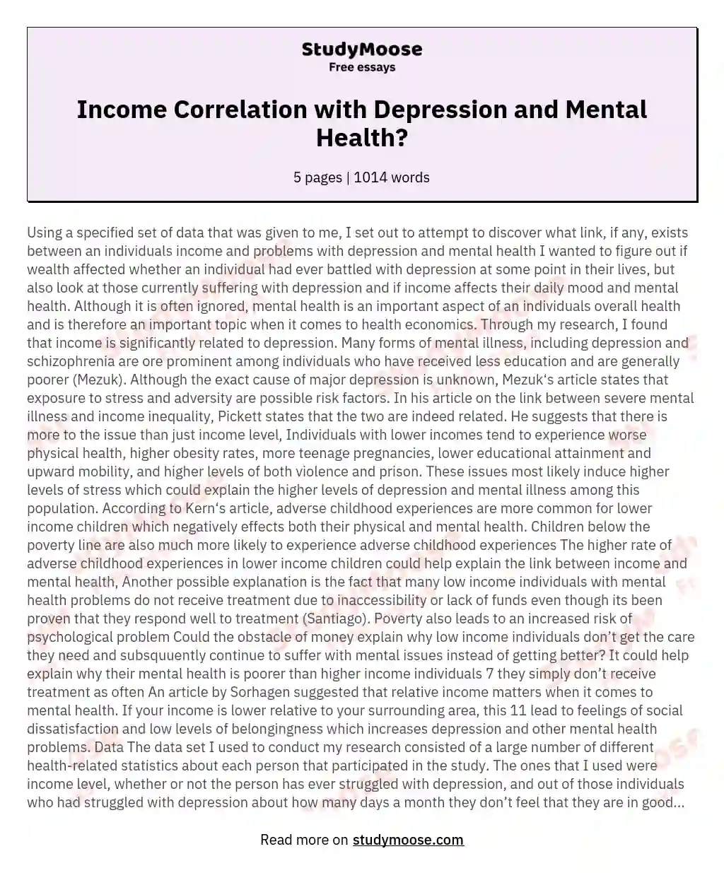 Income Correlation with Depression and Mental Health? essay