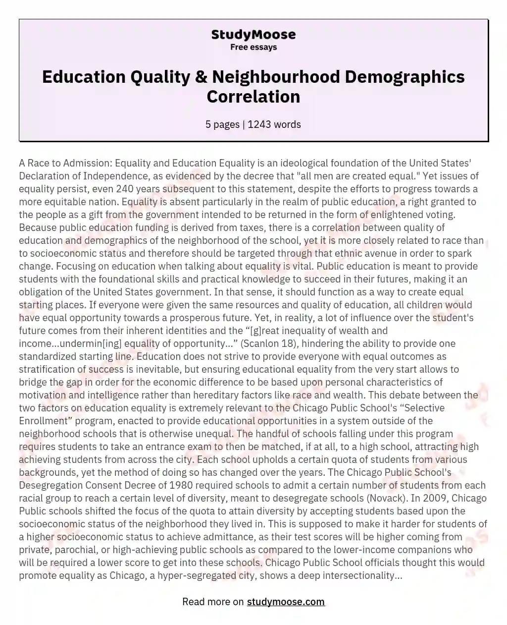 Education Quality & Neighbourhood Demographics Correlation essay