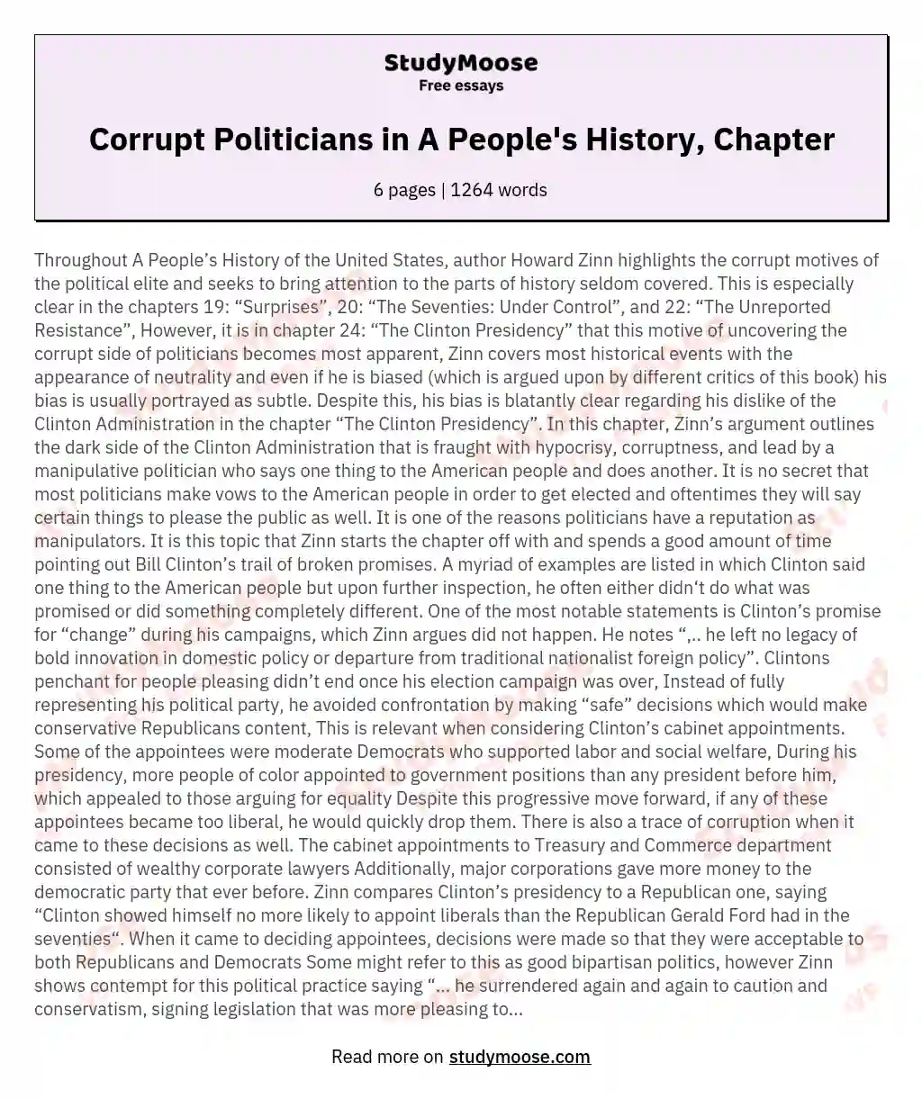 Corrupt Politicians in A People's History, Chapter essay