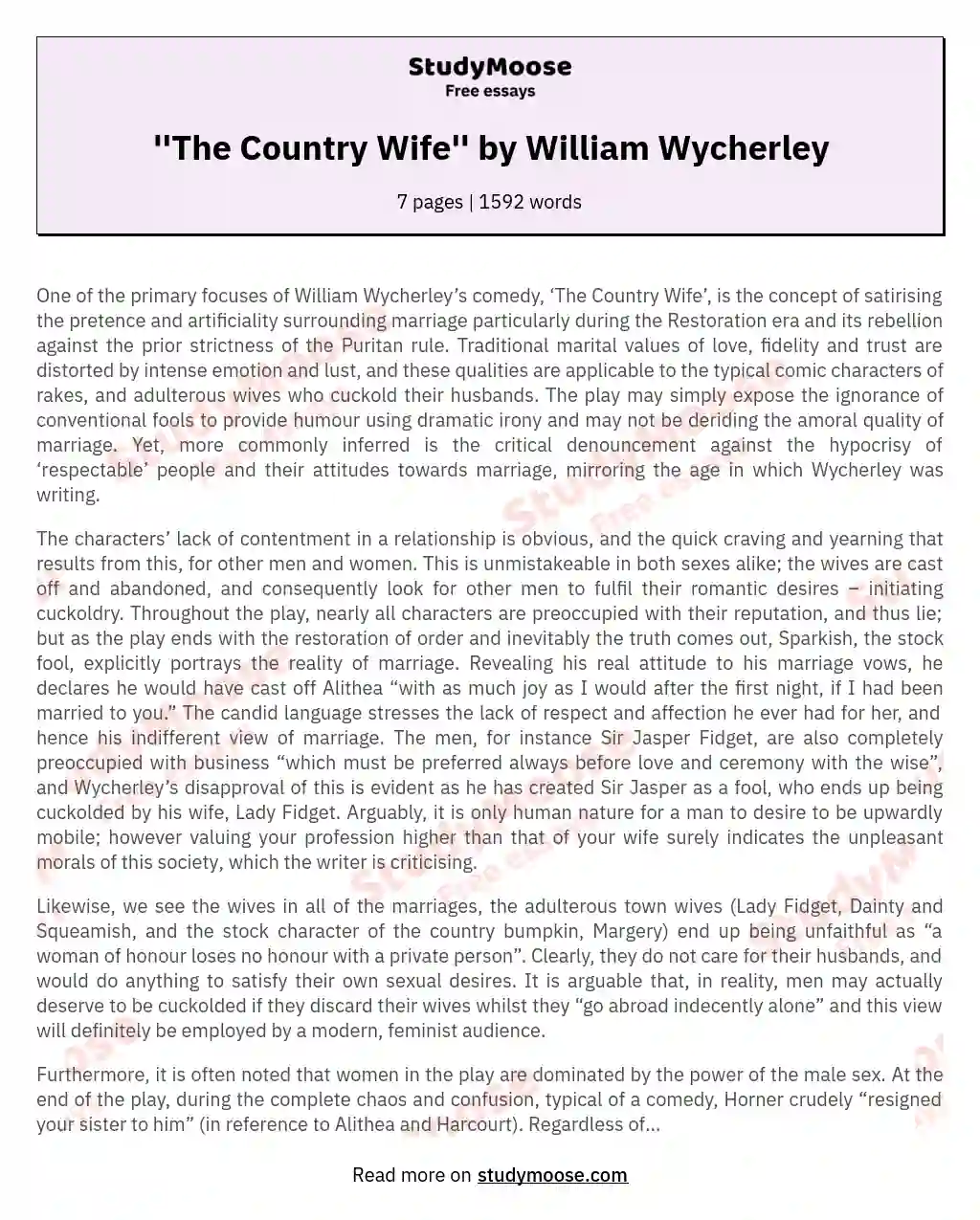 ''The Country Wife'' by William Wycherley essay