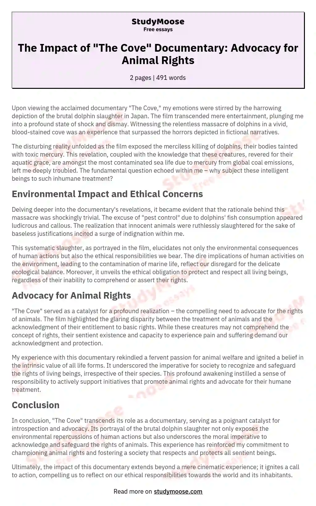 The Impact of "The Cove" Documentary: Advocacy for Animal Rights essay