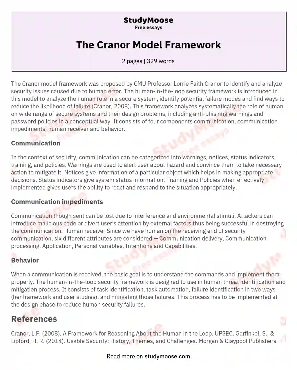 The Cranor Model Framework essay