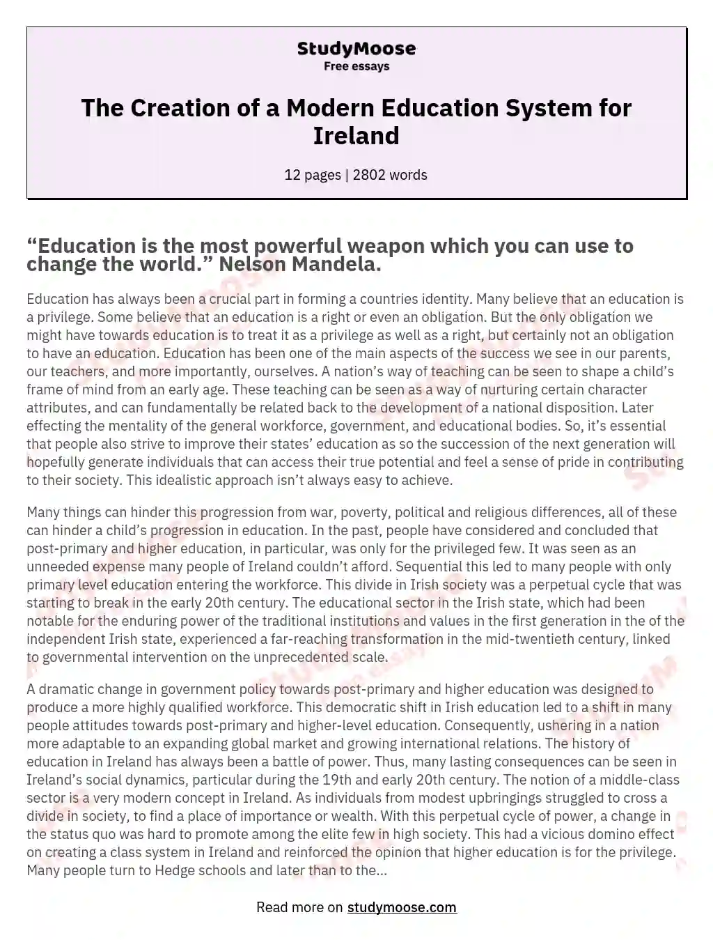The Creation of a Modern Education System for Ireland essay
