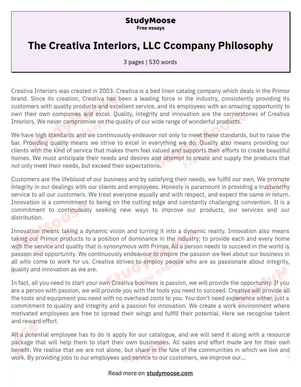 The Creativa Interiors, LLC Ccompany Philosophy essay