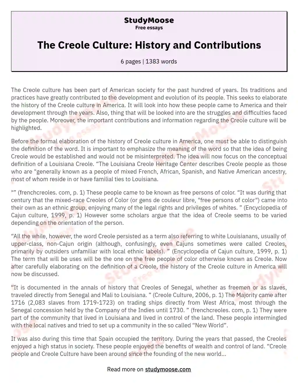 The Creole Culture: History and Contributions essay