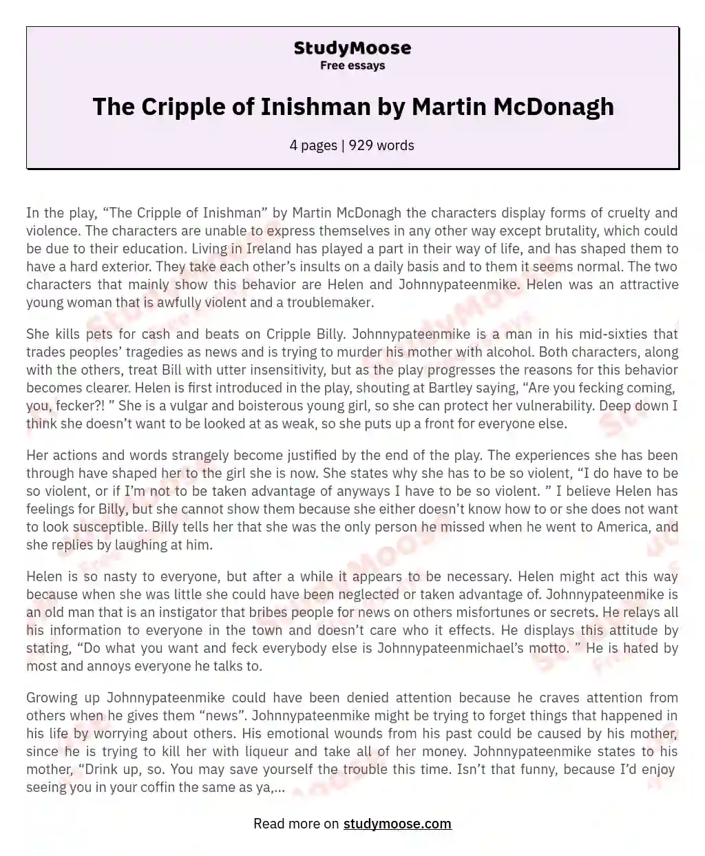 The Cripple of Inishman by Martin McDonagh essay