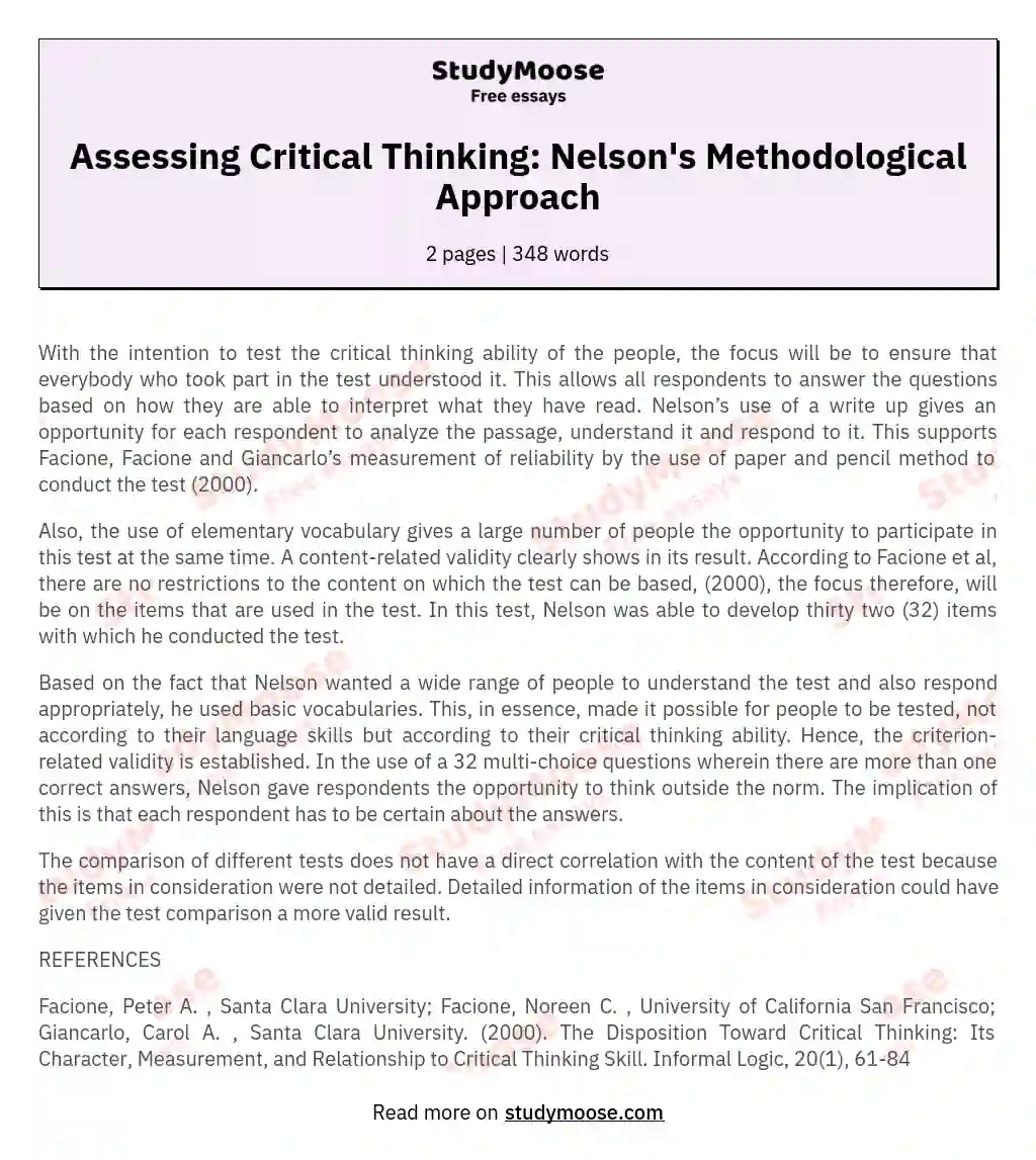 Assessing Critical Thinking: Nelson's Methodological Approach essay