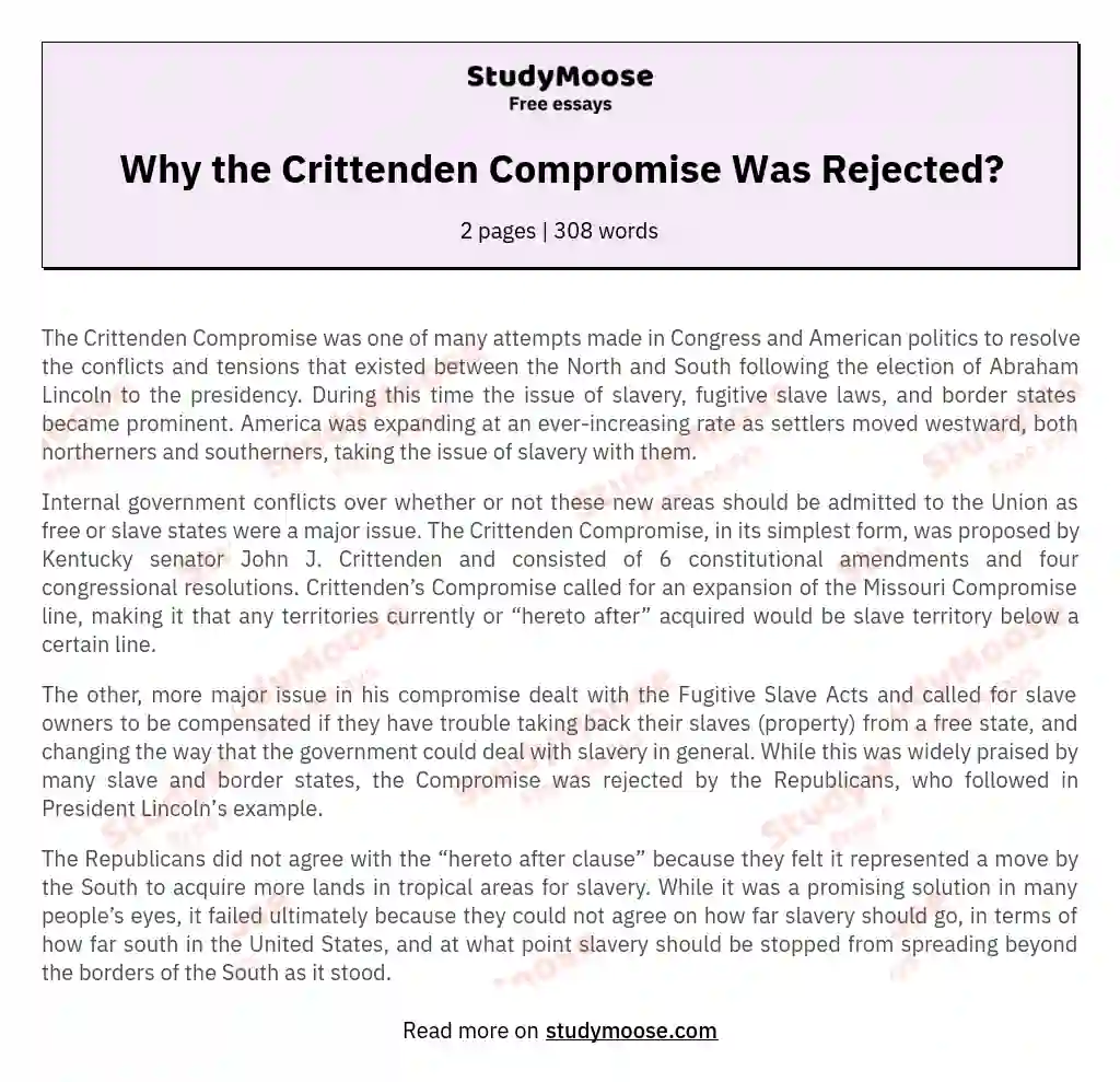 Why the Crittenden Compromise Was Rejected? essay