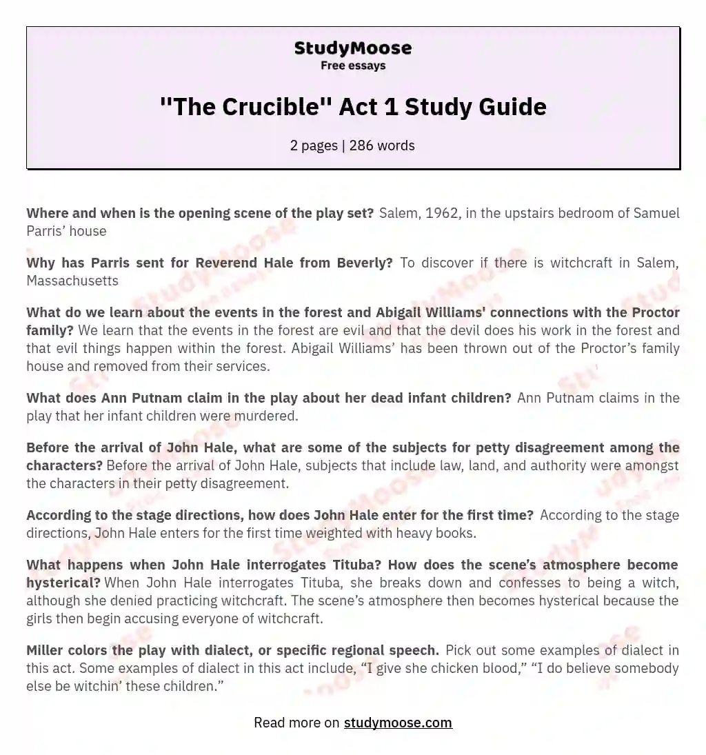 ''The Crucible'' Act 1 Study Guide essay