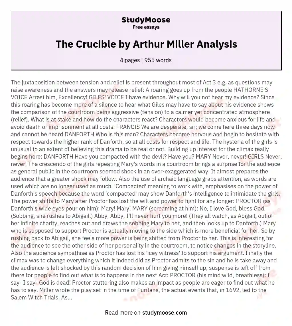 The Crucible by Arthur Miller Analysis essay
