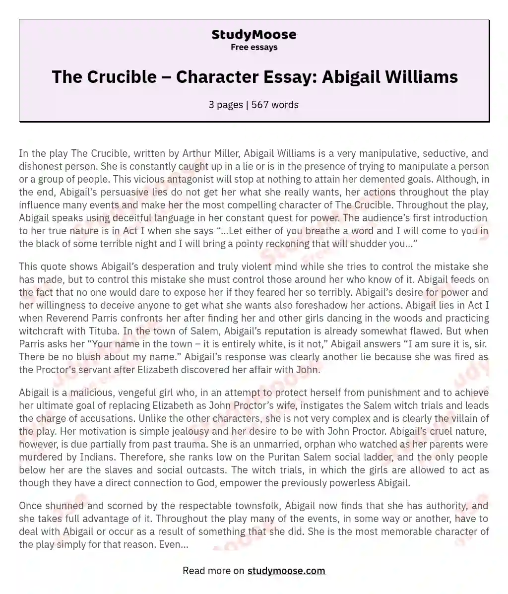The Crucible – Character Essay: Abigail Williams essay