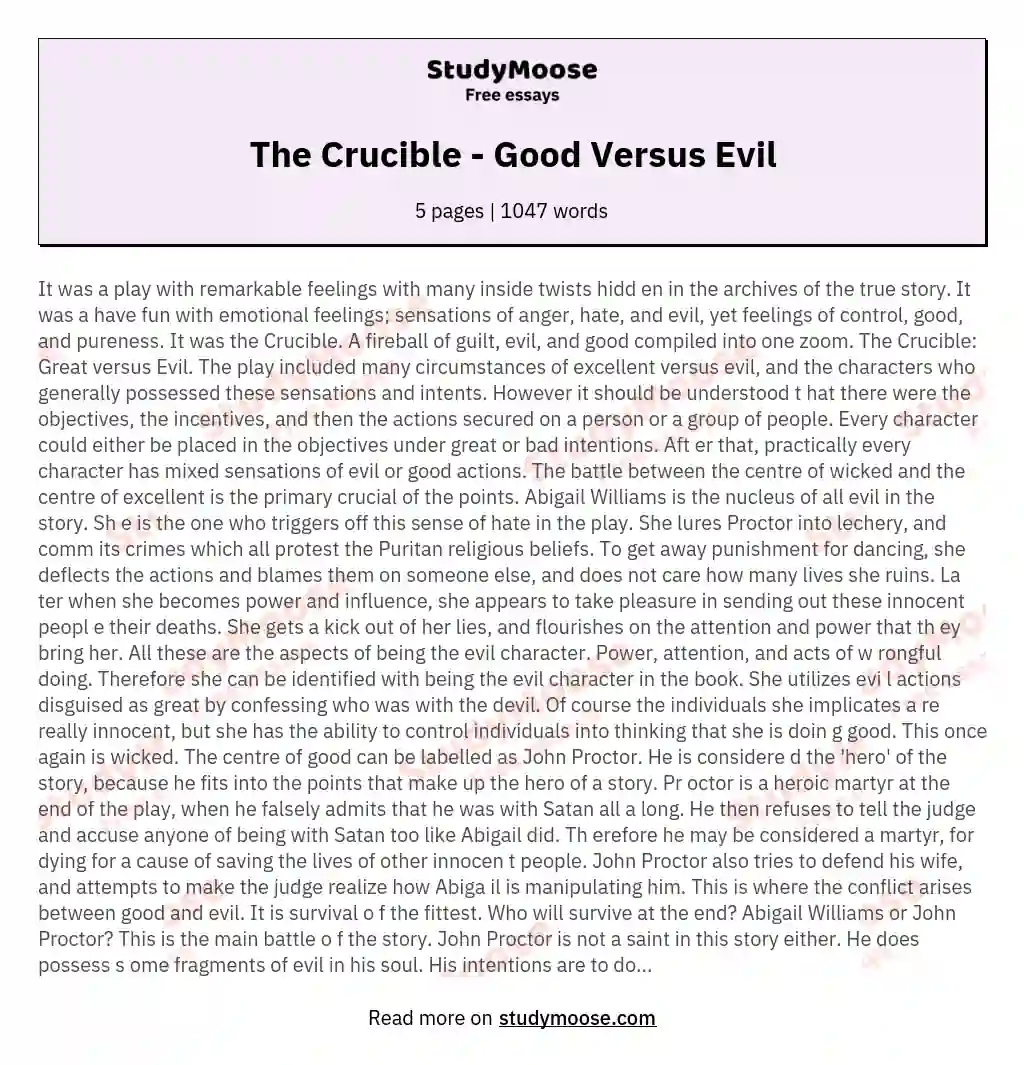 The Crucible - Good Versus Evil essay