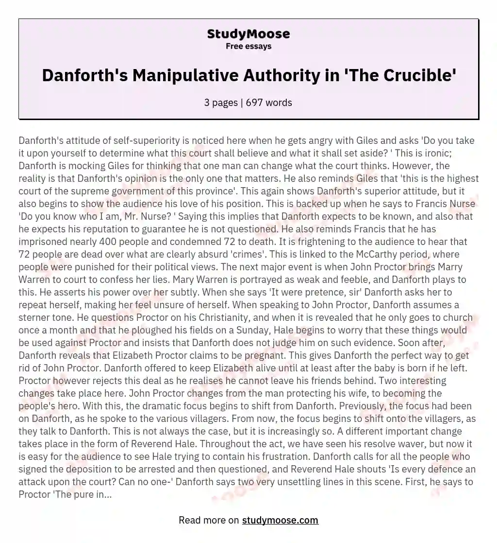 Danforth's Manipulative Authority in 'The Crucible' essay