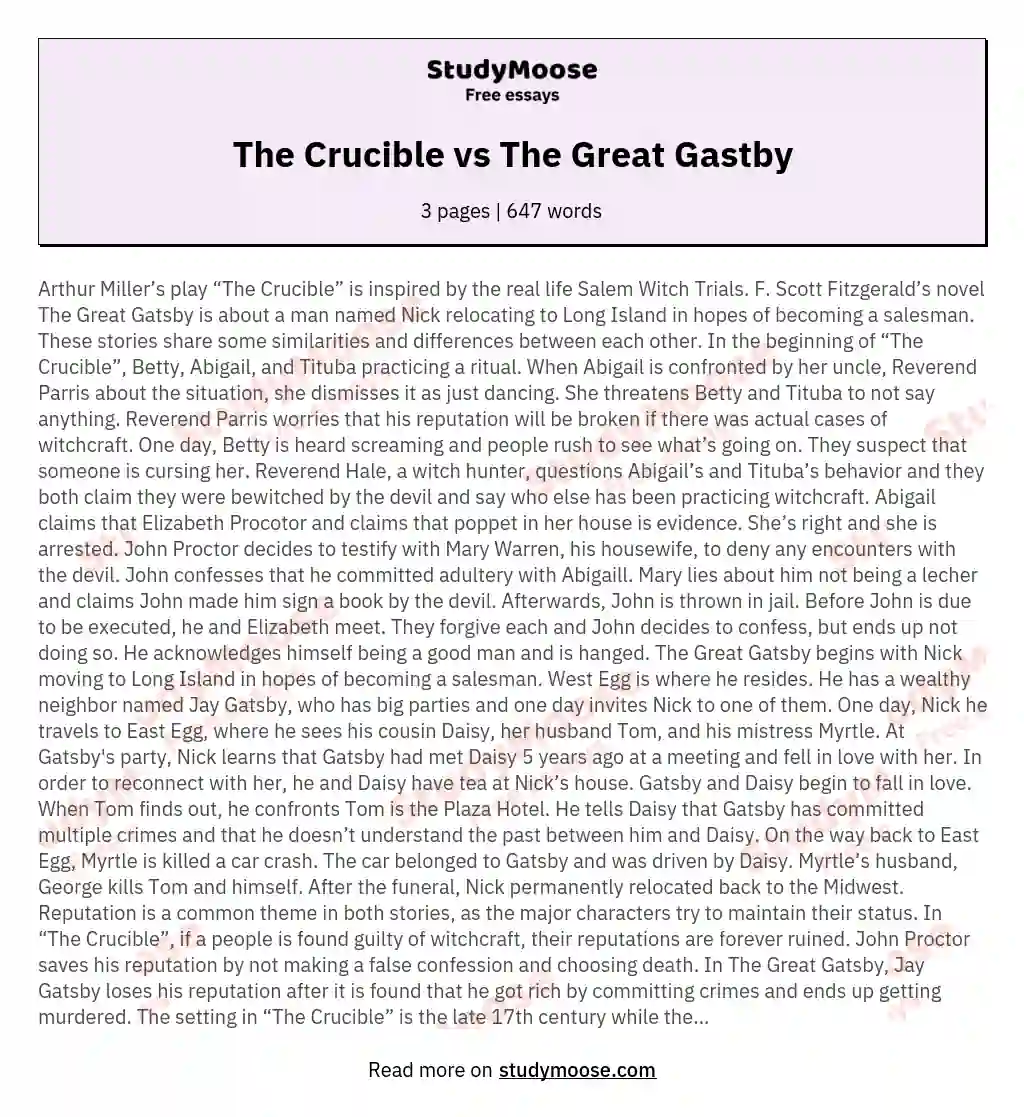 The Crucible vs The Great Gastby essay