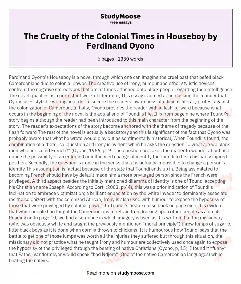 The Cruelty of the Colonial Times in Houseboy by Ferdinand Oyono essay