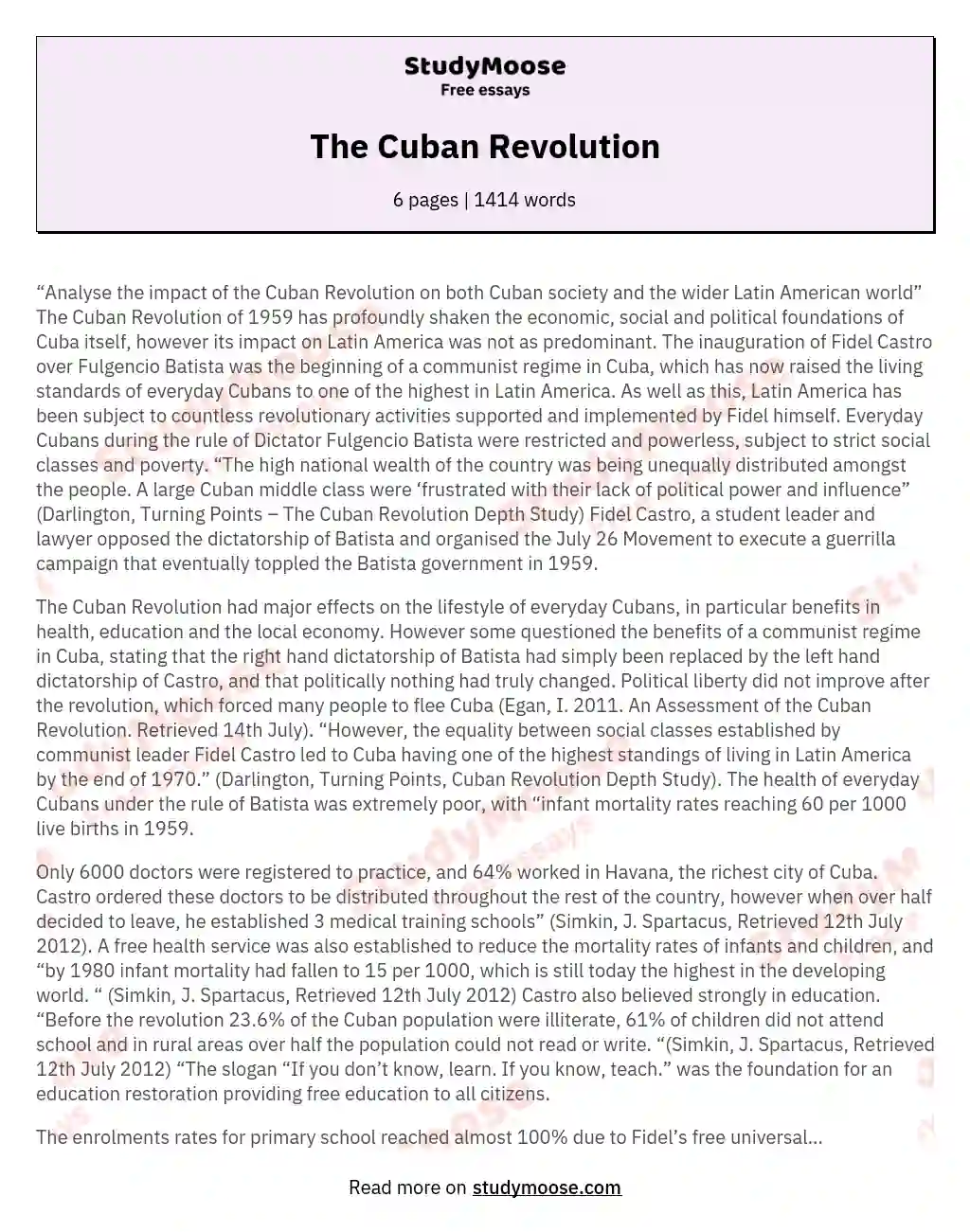 cuban revolution essay 500 words