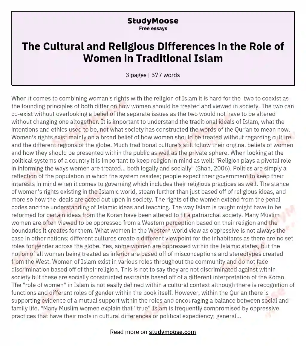 The Cultural and Religious Differences in the Role of Women in Traditional Islam essay