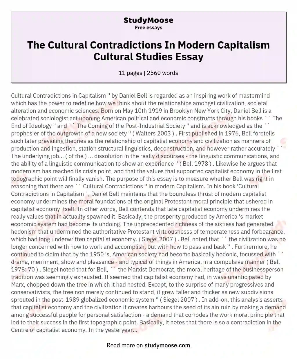 The Cultural Contradictions In Modern Capitalism Cultural Studies Essay essay
