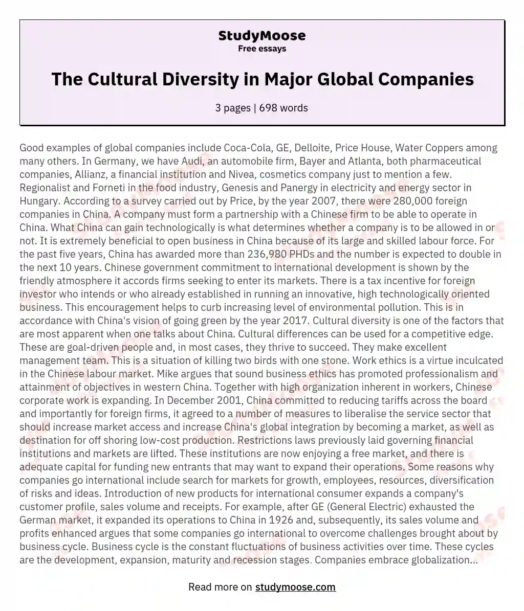 The Cultural Diversity in Major Global Companies essay