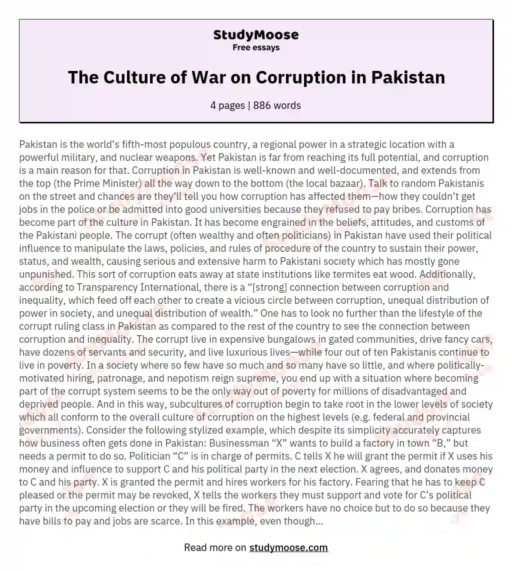 The Culture of War on Corruption in Pakistan essay