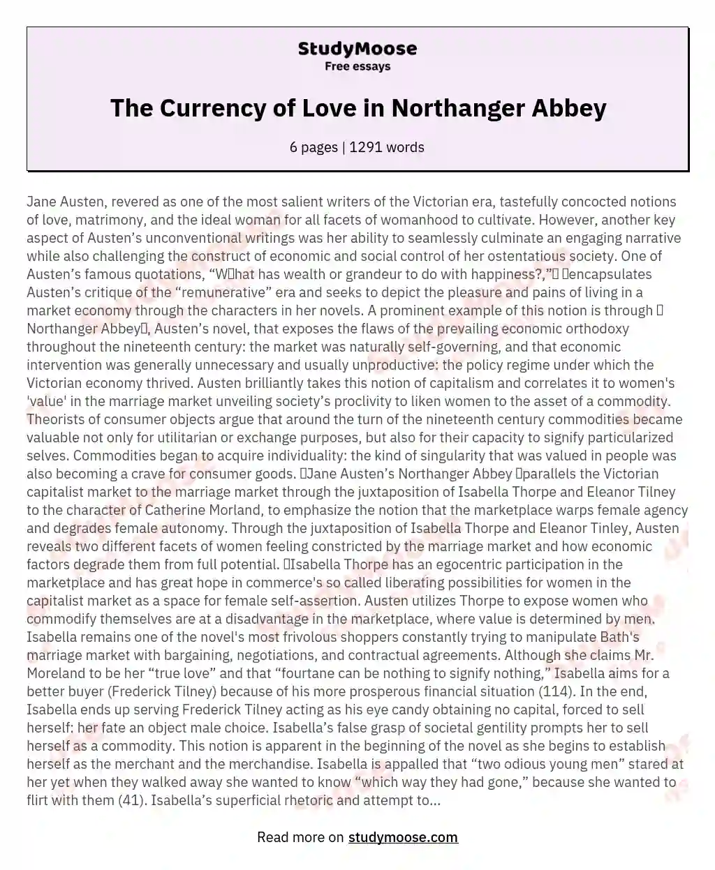 The Currency of Love in Northanger Abbey essay